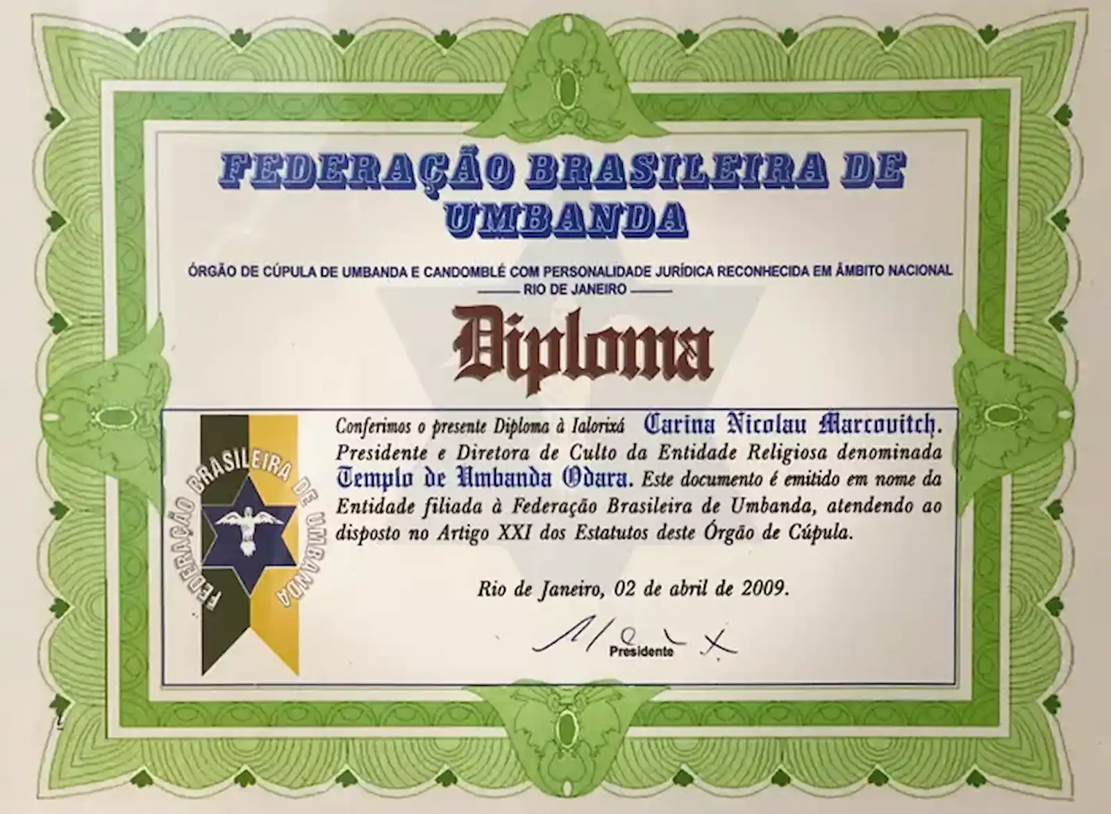 Diploma Federação Brasileira de Umbanda